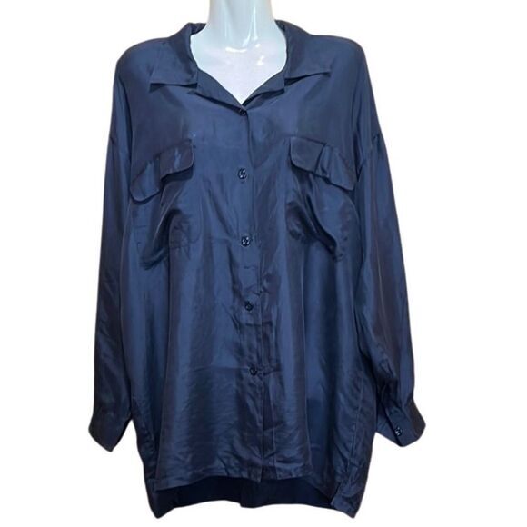 Bonjour Women’s Blouse Size Medium Dark Blue 100% Silk Long Sleeve‎ Pockets NWT - Picture 1 of 5